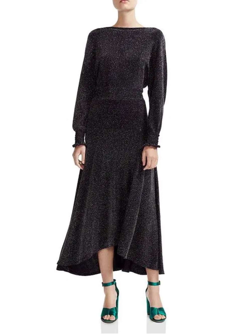 MAJE Black Sparkle Long Sleeve Midi Dress